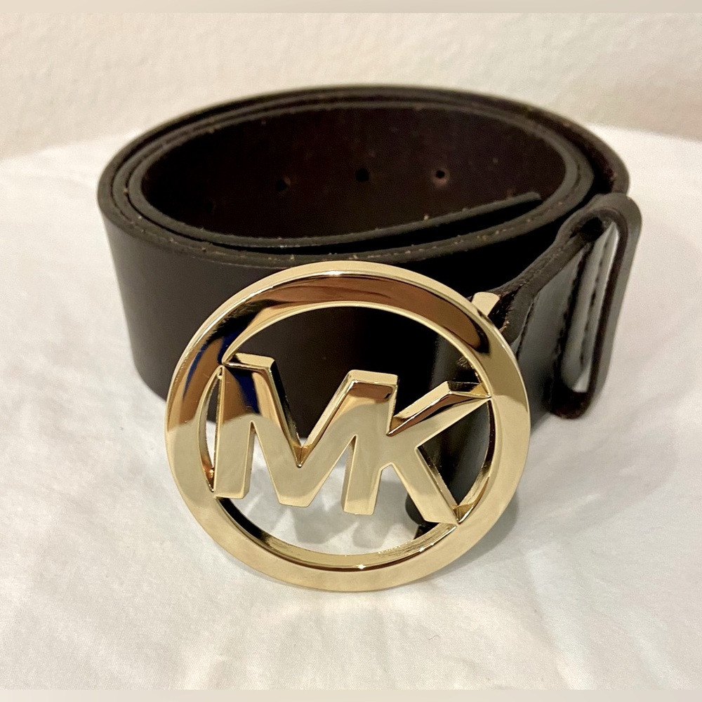 Michael Kors Authentic Gold circle Logo belt Brown leather size large